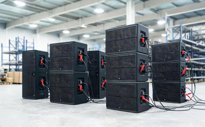 RCF line array product family in a production warehouse